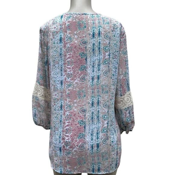 Krazy Kat Tunic Blouse Women's Large Pastel Floral Crochet Lace Trim 3/4 Sleeve - Picture 7 of 14